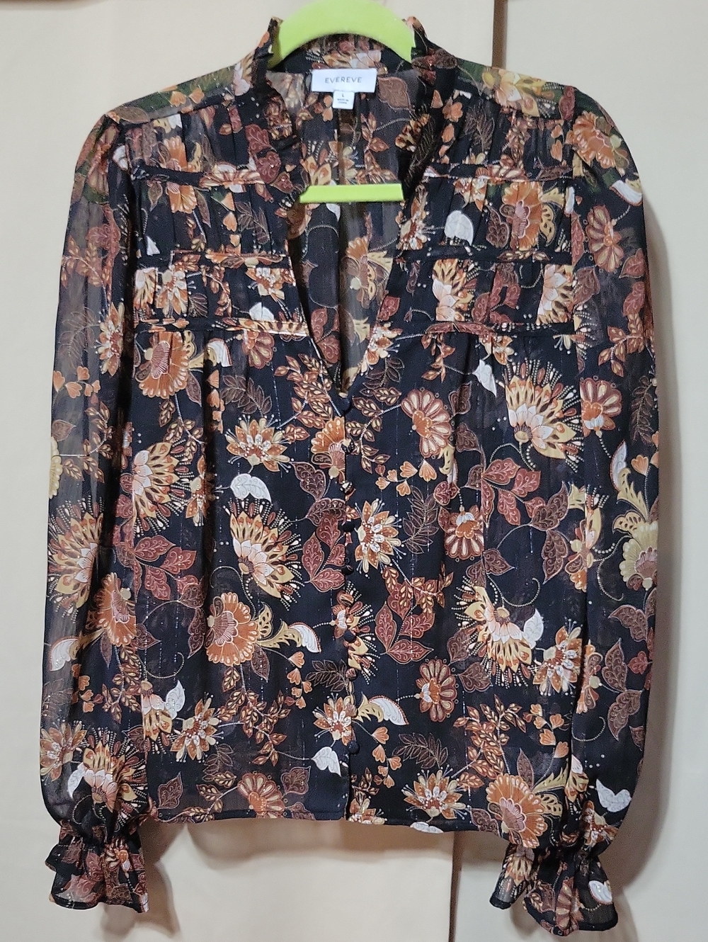 Evereve Black Floral Sheer Long-Sleeve Blouse with Ruffle Cuffs